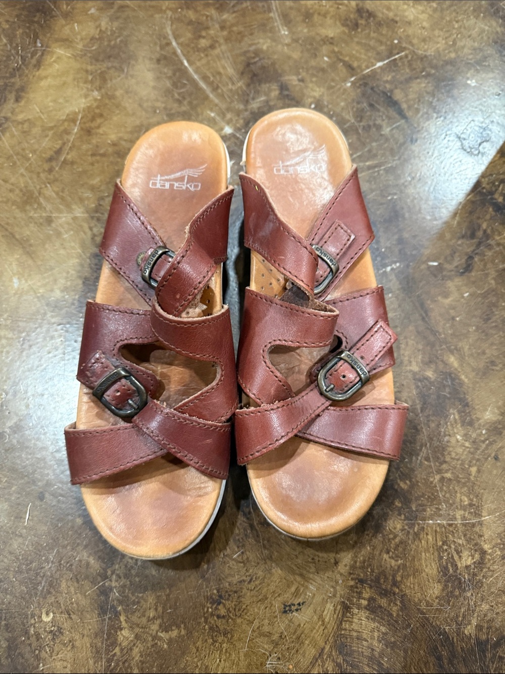 Dansko Burgundy Leather Buckle Slide Sandals